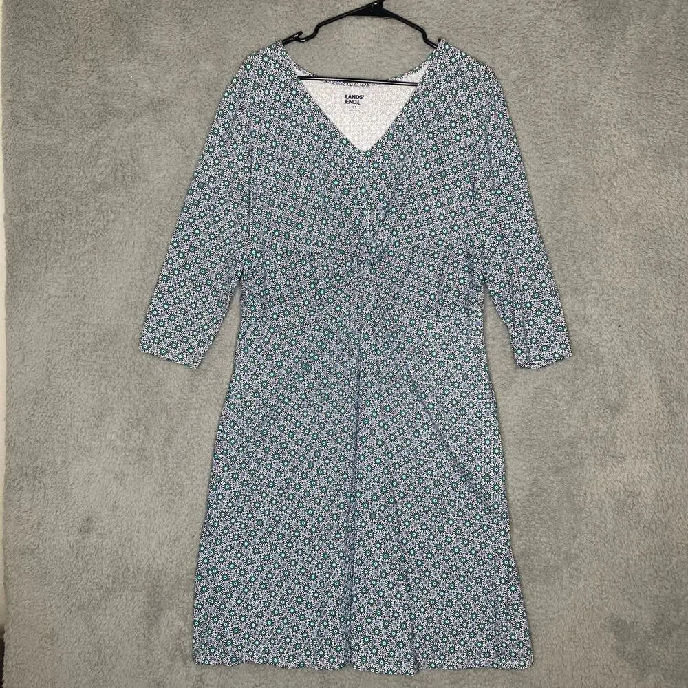 Lands end womens 3/4 sleeve dress blue geometric pockets stretch cotton L p